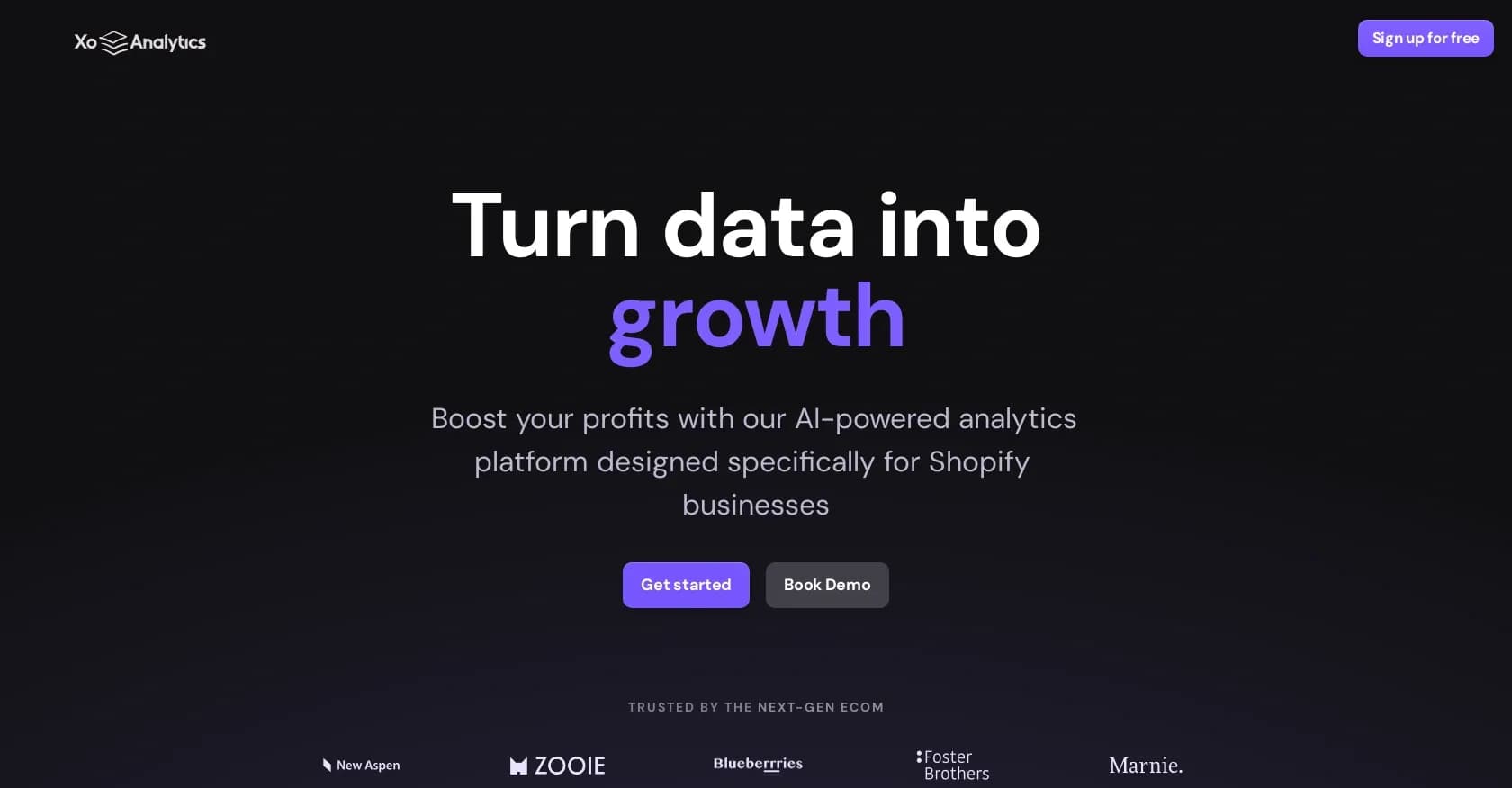 XO Analytics homepage screenshot — Turn data into growth for Shopify businesses.