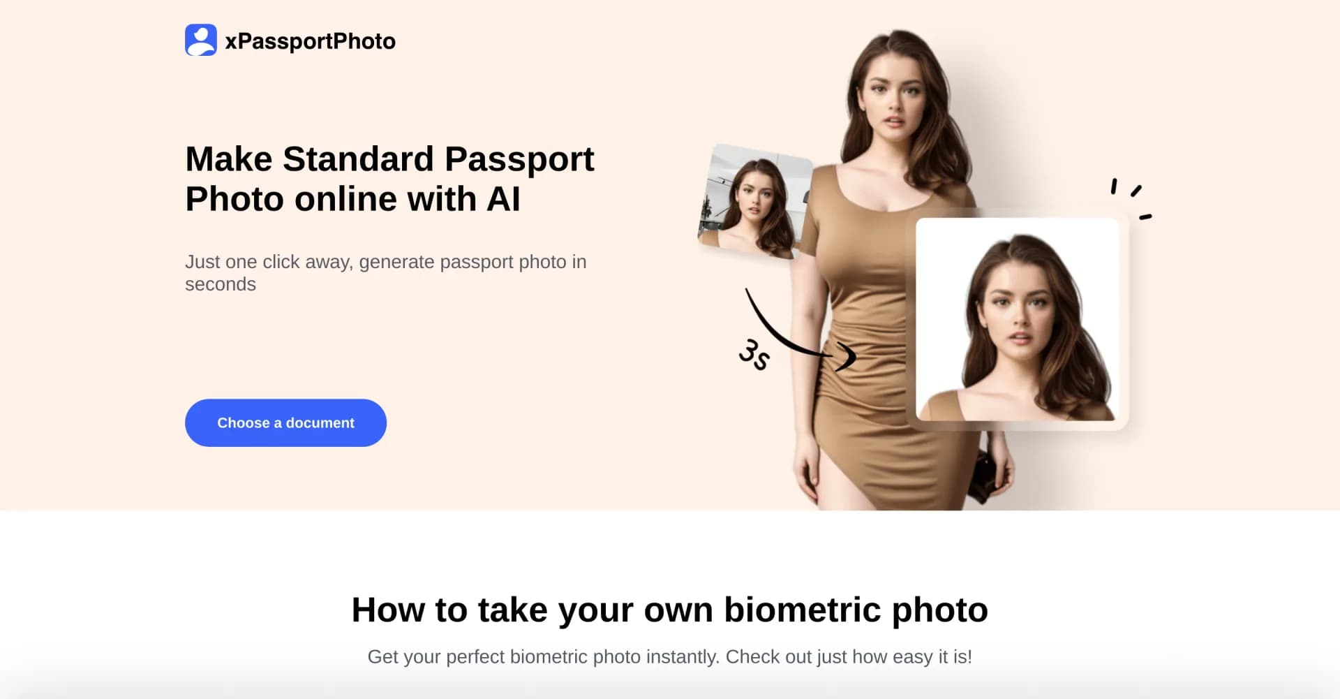 xPassportPhoto homepage screenshot — Transform snapshots into perfect passport photos in seconds.
