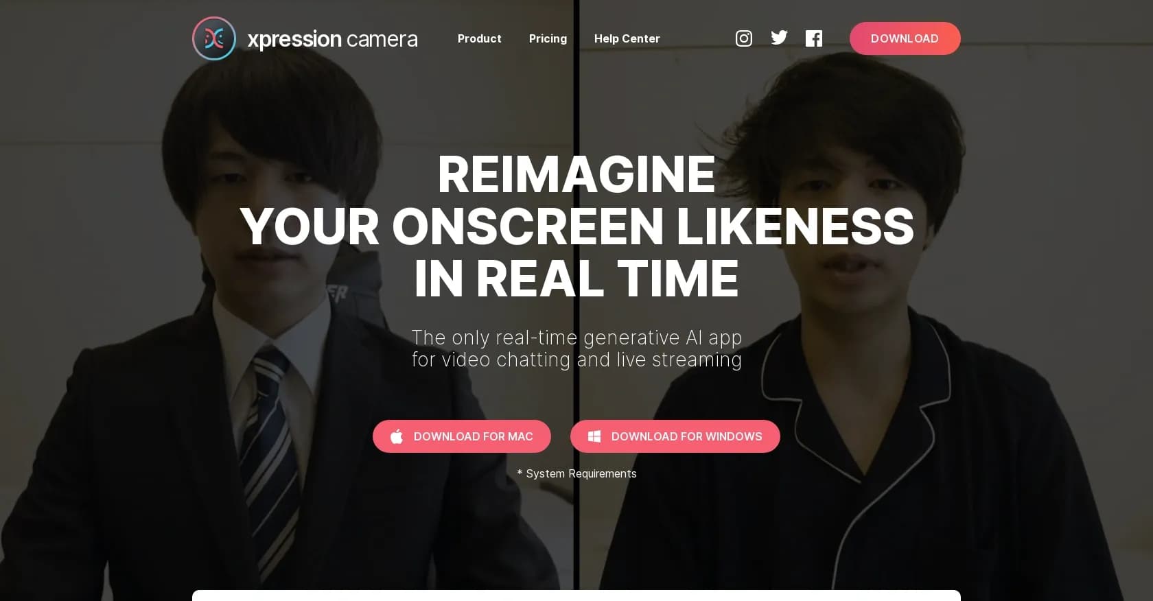 xpression camera 2.0 homepage screenshot — Instantly transform into anyone on video chats and streams.