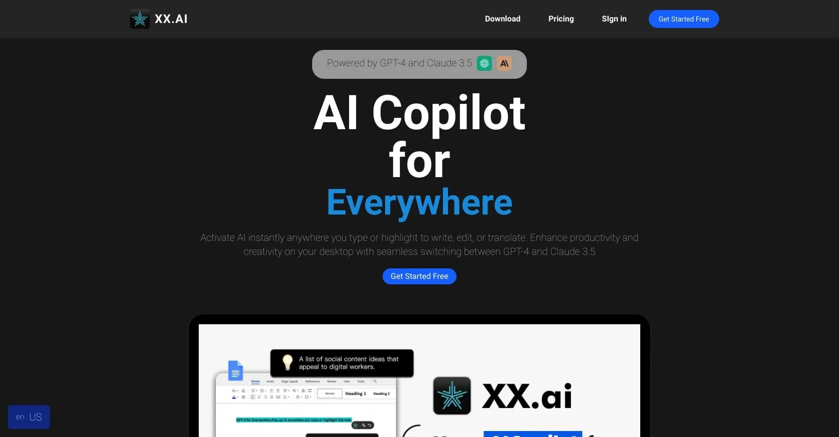 XX.AI homepage screenshot — AI copilot for writing, editing, and translating anywhere on