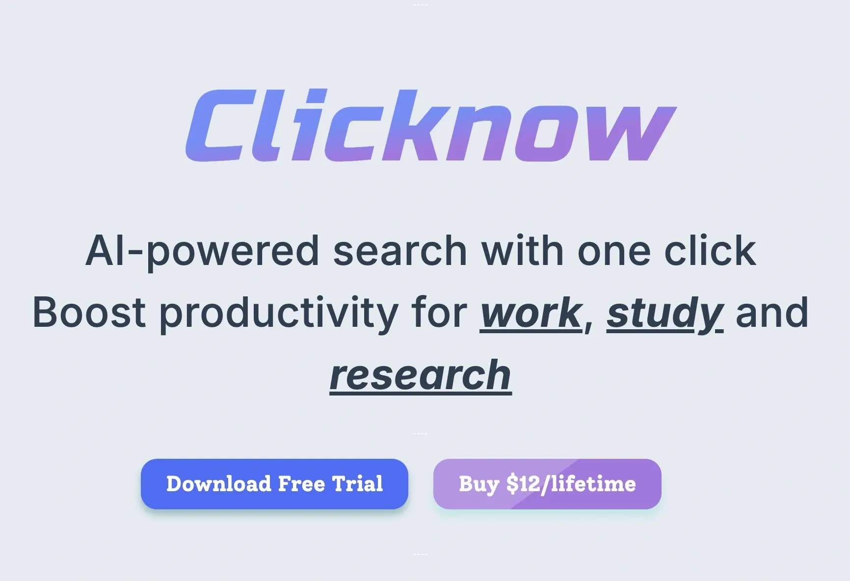 Clicknow homepage screenshot — One-click AI search & translation anywhere on your Mac (try 