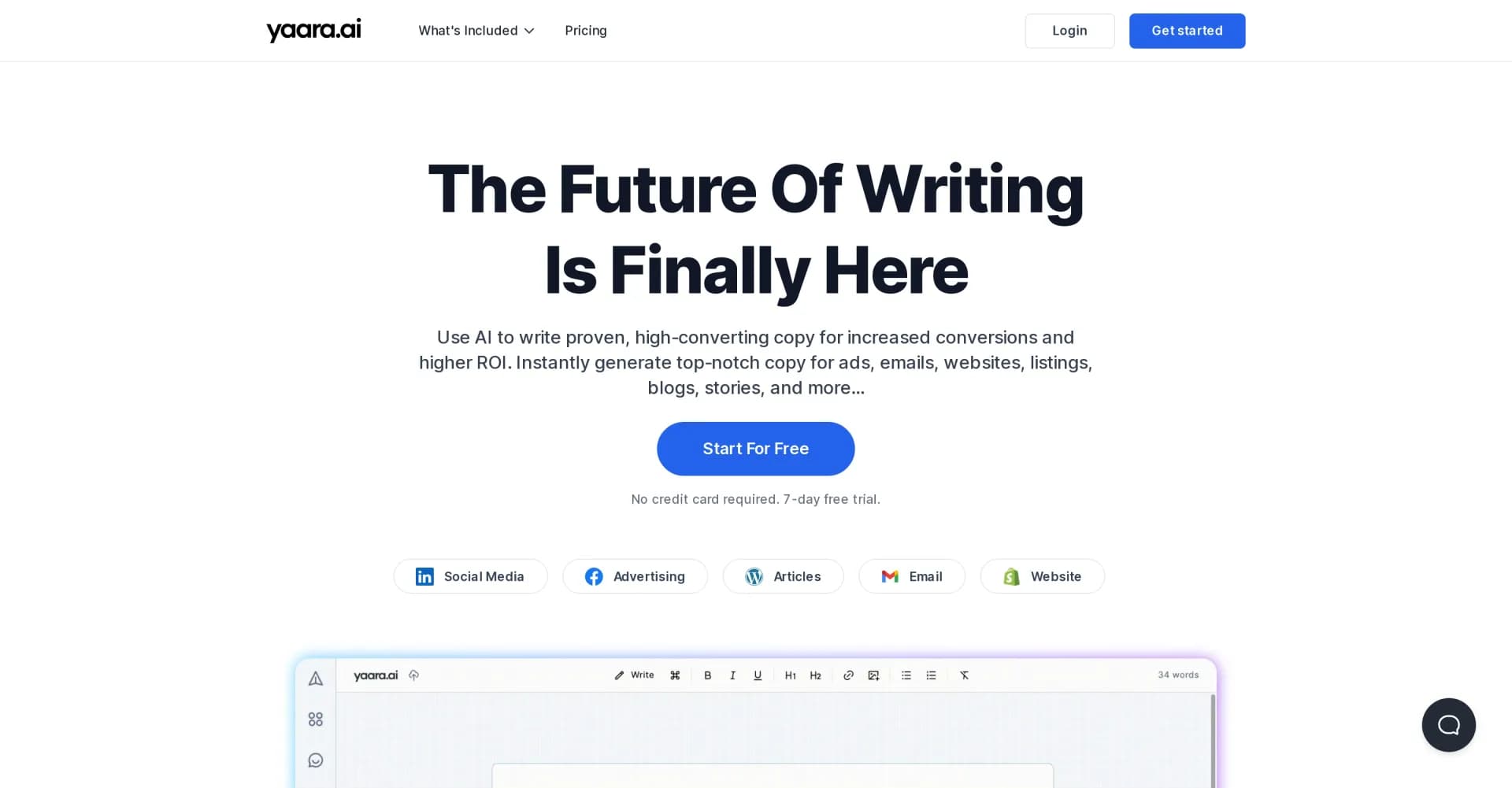 Yaara homepage screenshot — AI-powered content creation for faster, better results.