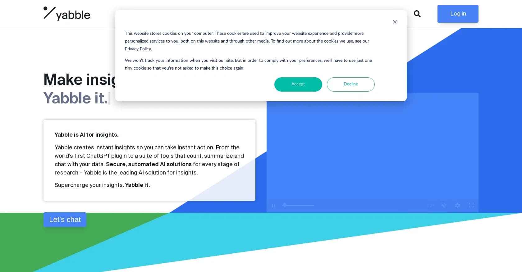 Yabble homepage screenshot — Create instant insights for immediate action.