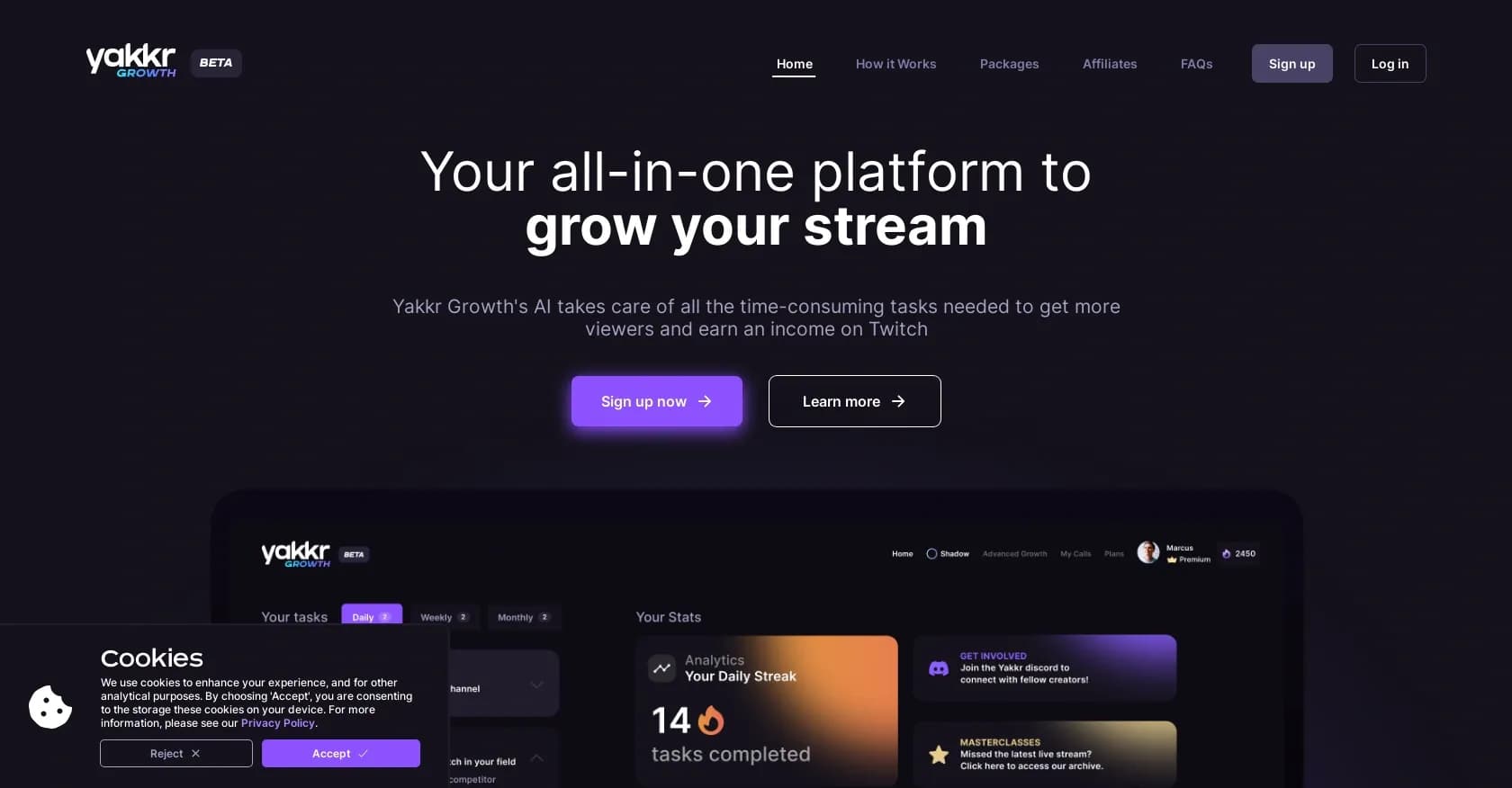 Yakkr Growth homepage screenshot — AI-powered growth platform for Twitch streamers