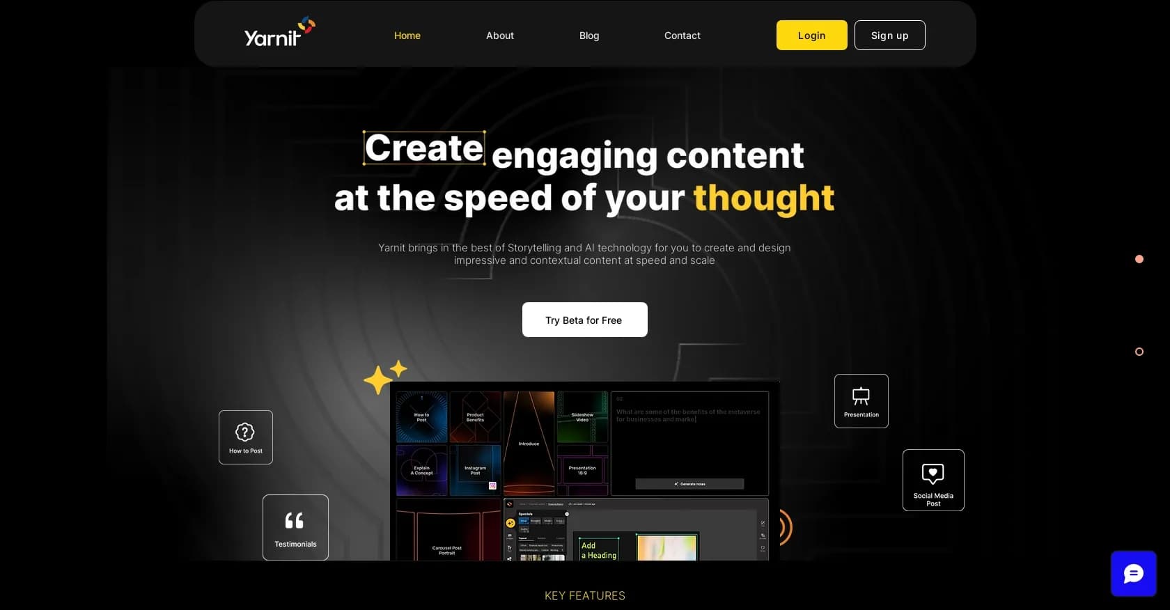 Yarnit homepage screenshot — Create compelling content with AI-powered storytelling.