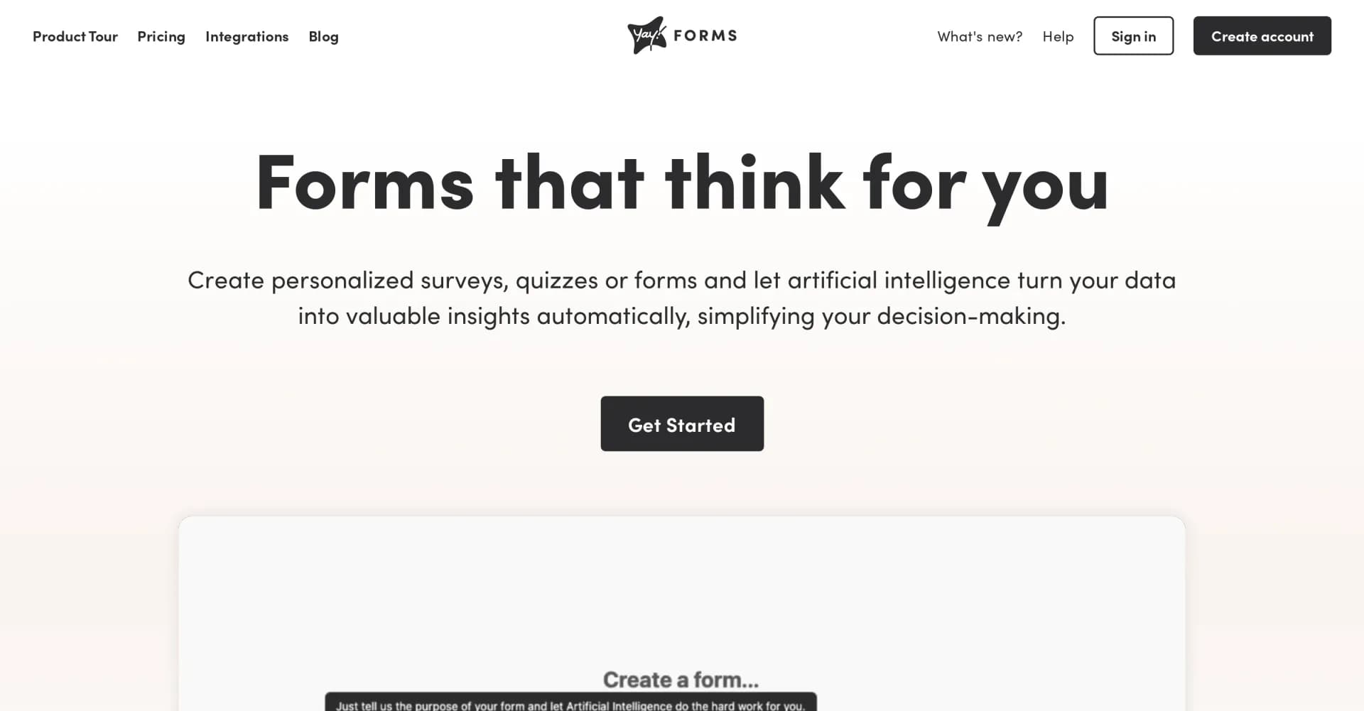 Yay! Forms homepage screenshot — AI-powered forms that turn data into insights.