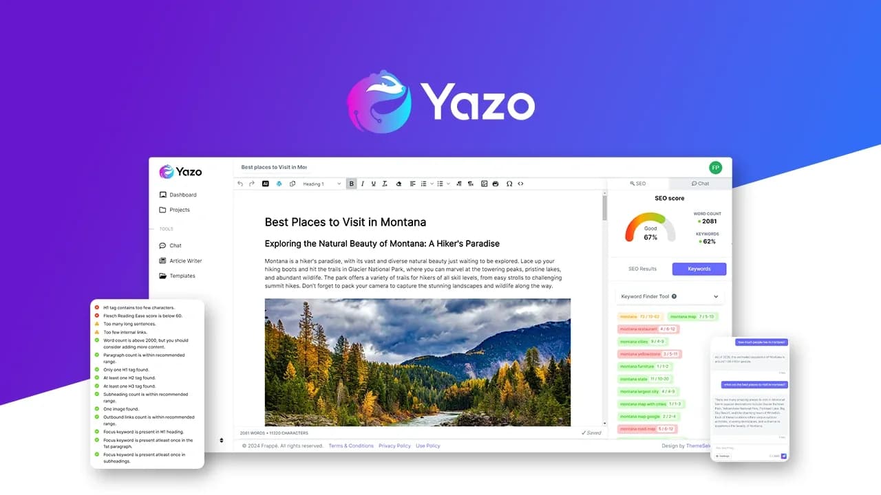 Yazo homepage screenshot — Generate SEO-optimized content with AI.