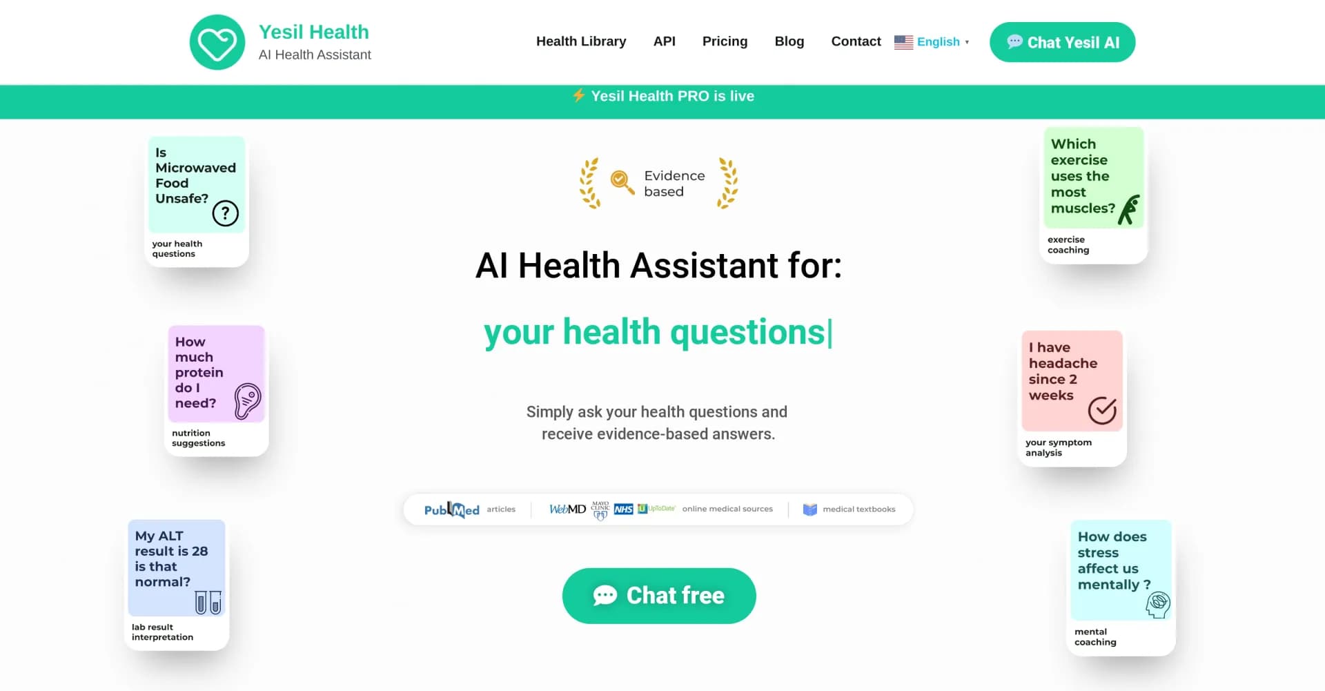 Yesil Health homepage screenshot — AI health assistant for personalized wellness guidance
