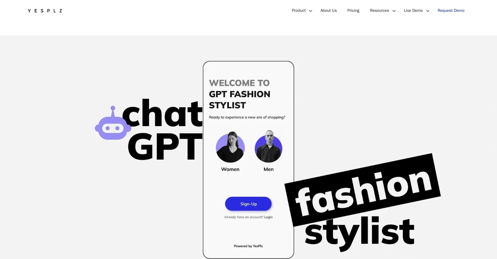 Yesplz homepage screenshot — AI-powered personal stylist for revolutionary shopping.