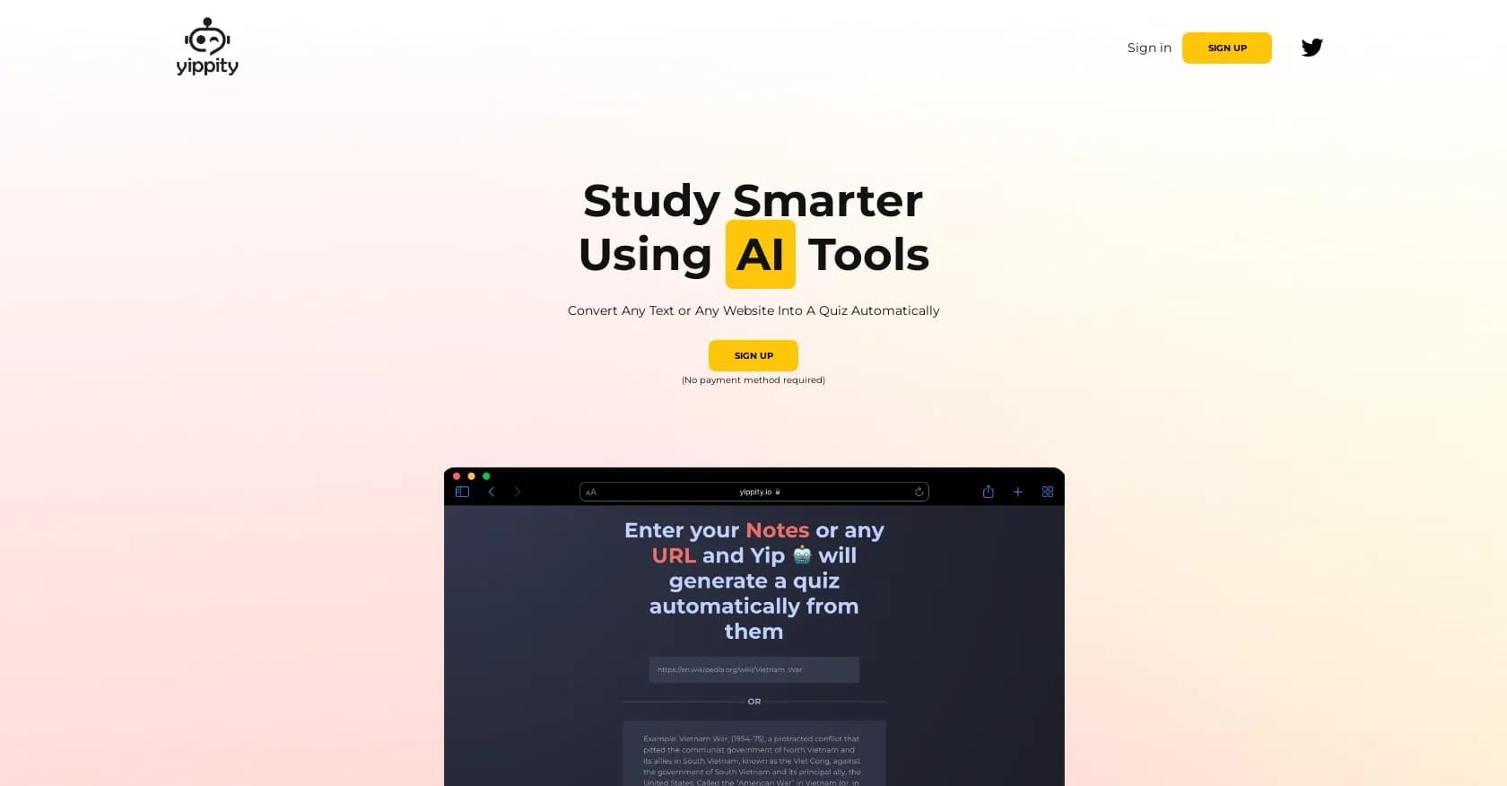 Yippity homepage screenshot — Convert notes into quizzes and flashcards instantly