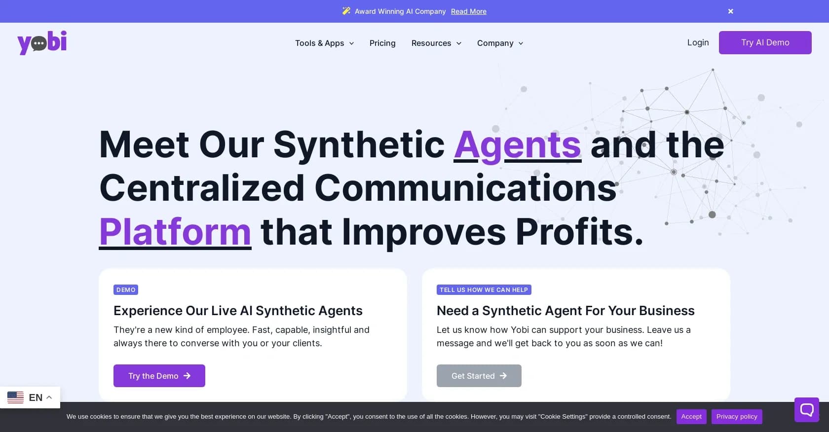 Yobi homepage screenshot — Unlock AI-powered communications for your business.