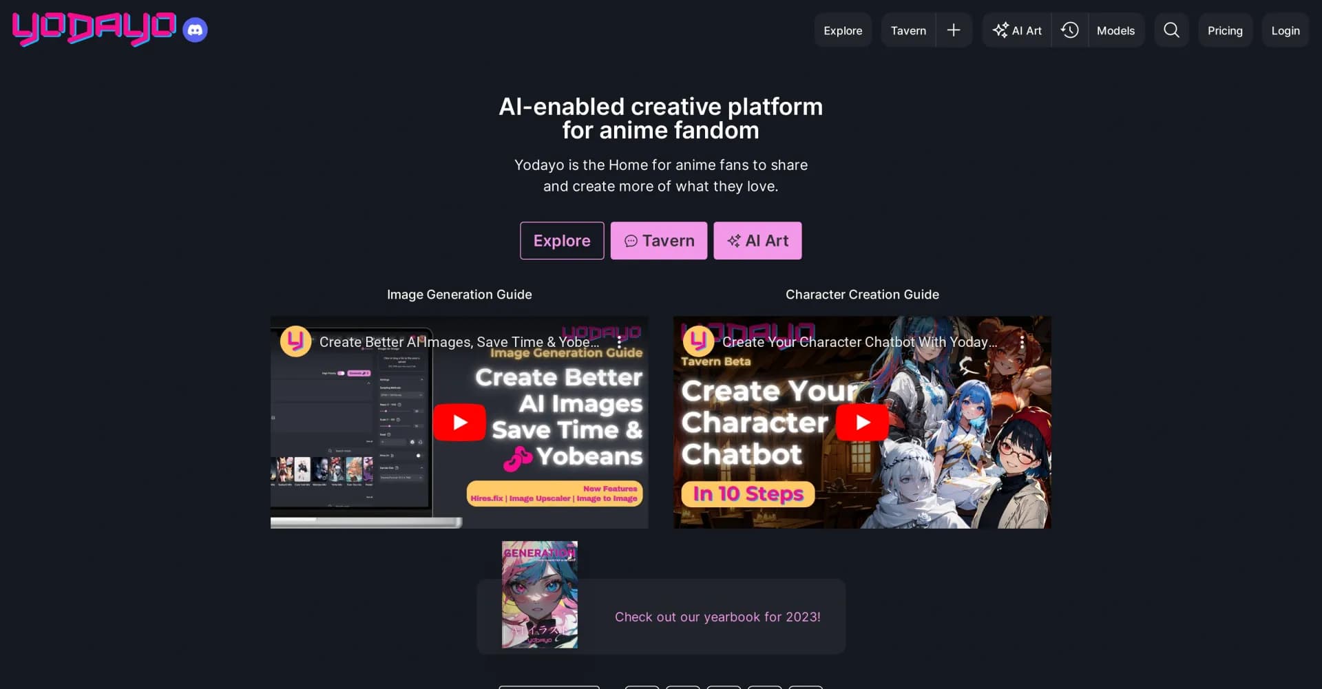 Yodayo homepage screenshot — AI-powered creative hub for anime fans.