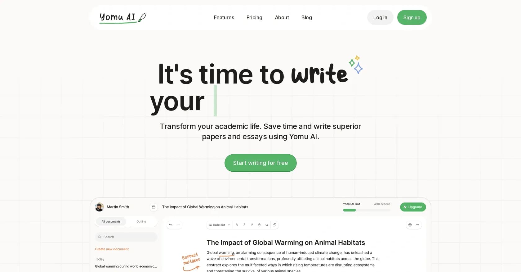 Yomu homepage screenshot — Transform academic writing with AI-powered brilliance.