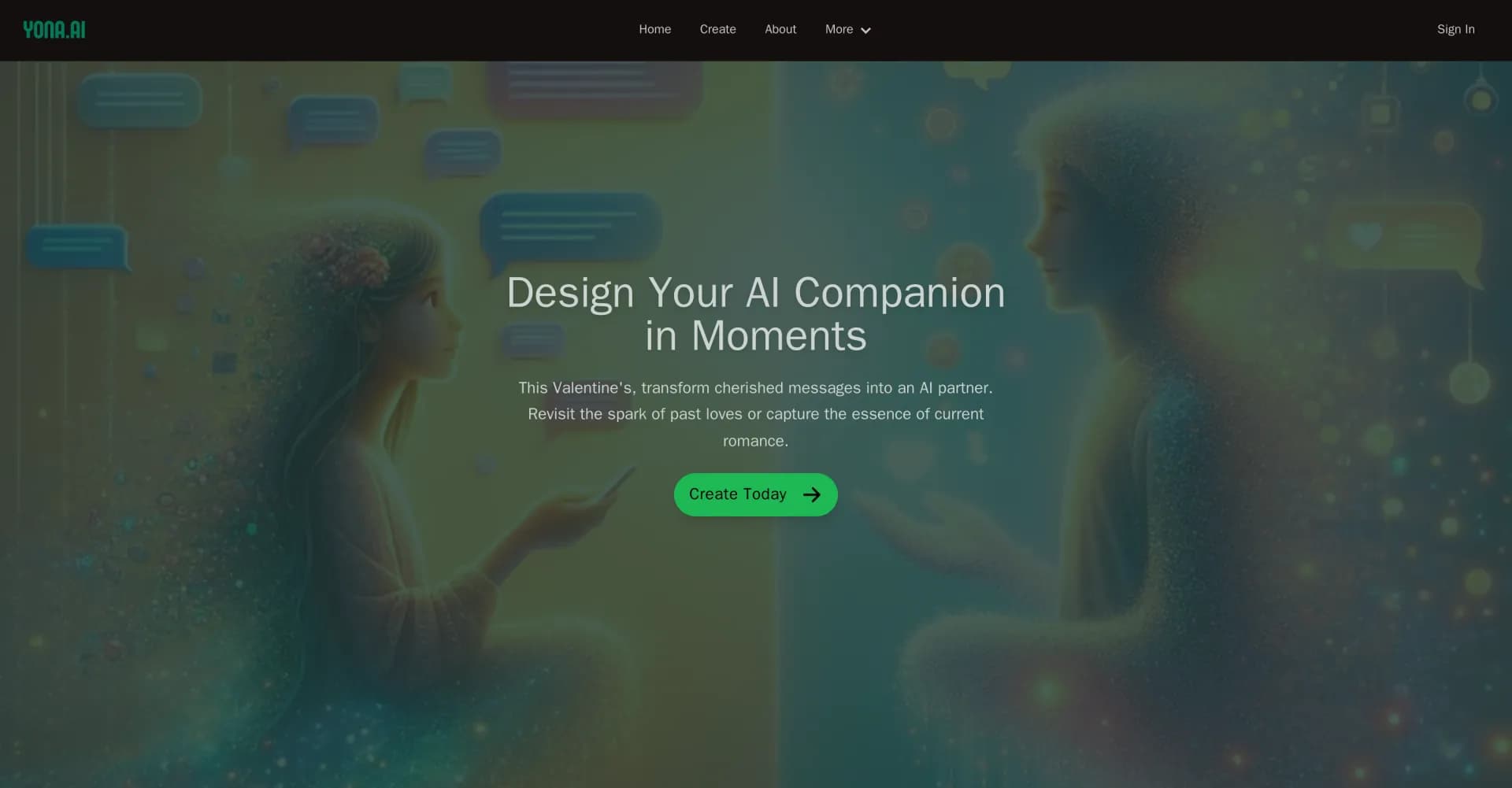 Yona homepage screenshot — Create an AI companion from cherished messages
