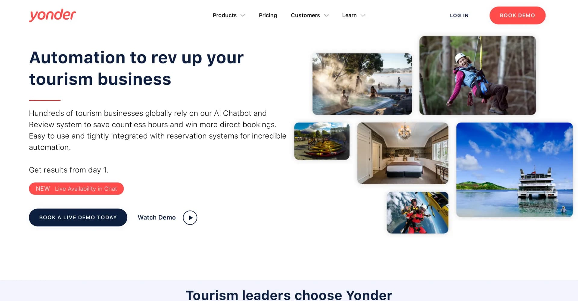 Yonder homepage screenshot — Boost bookings and efficiency for tourism businesses.