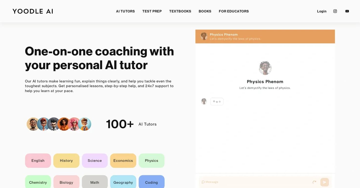 Yoodle homepage screenshot — AI tutors for engaging book conversations and learning