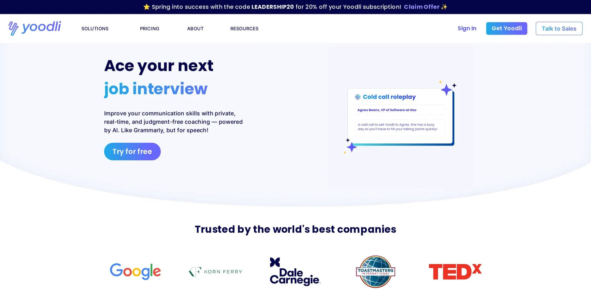 Yoodli AI homepage screenshot — AI speech coach for confident communication.