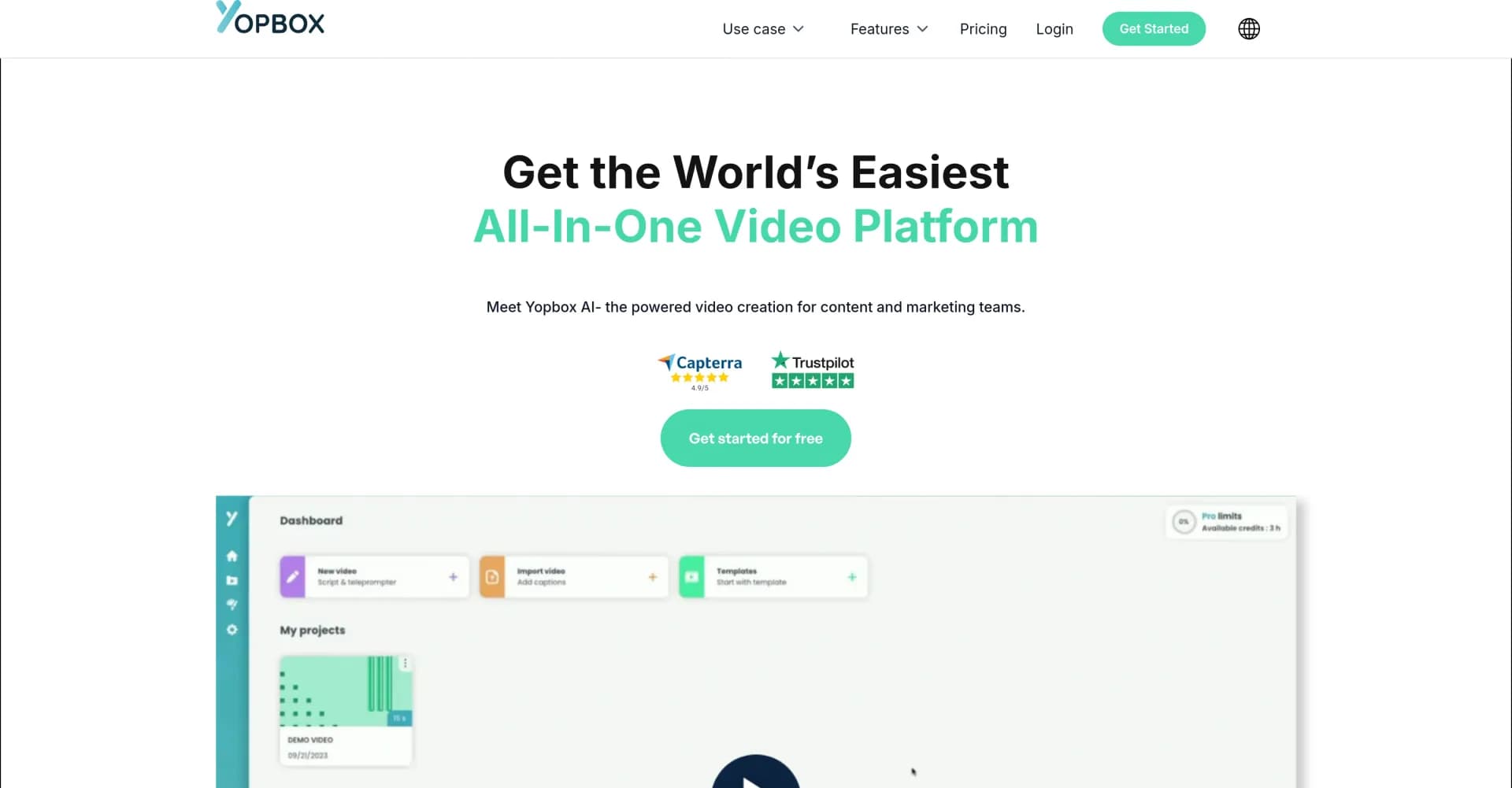 Yopbox homepage screenshot — Text-based video editing for impactful business content.