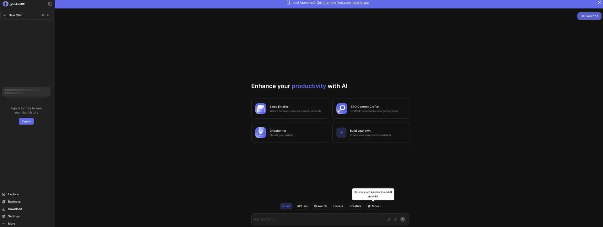 You homepage screenshot — An AI-built search engine for customized, private searches.