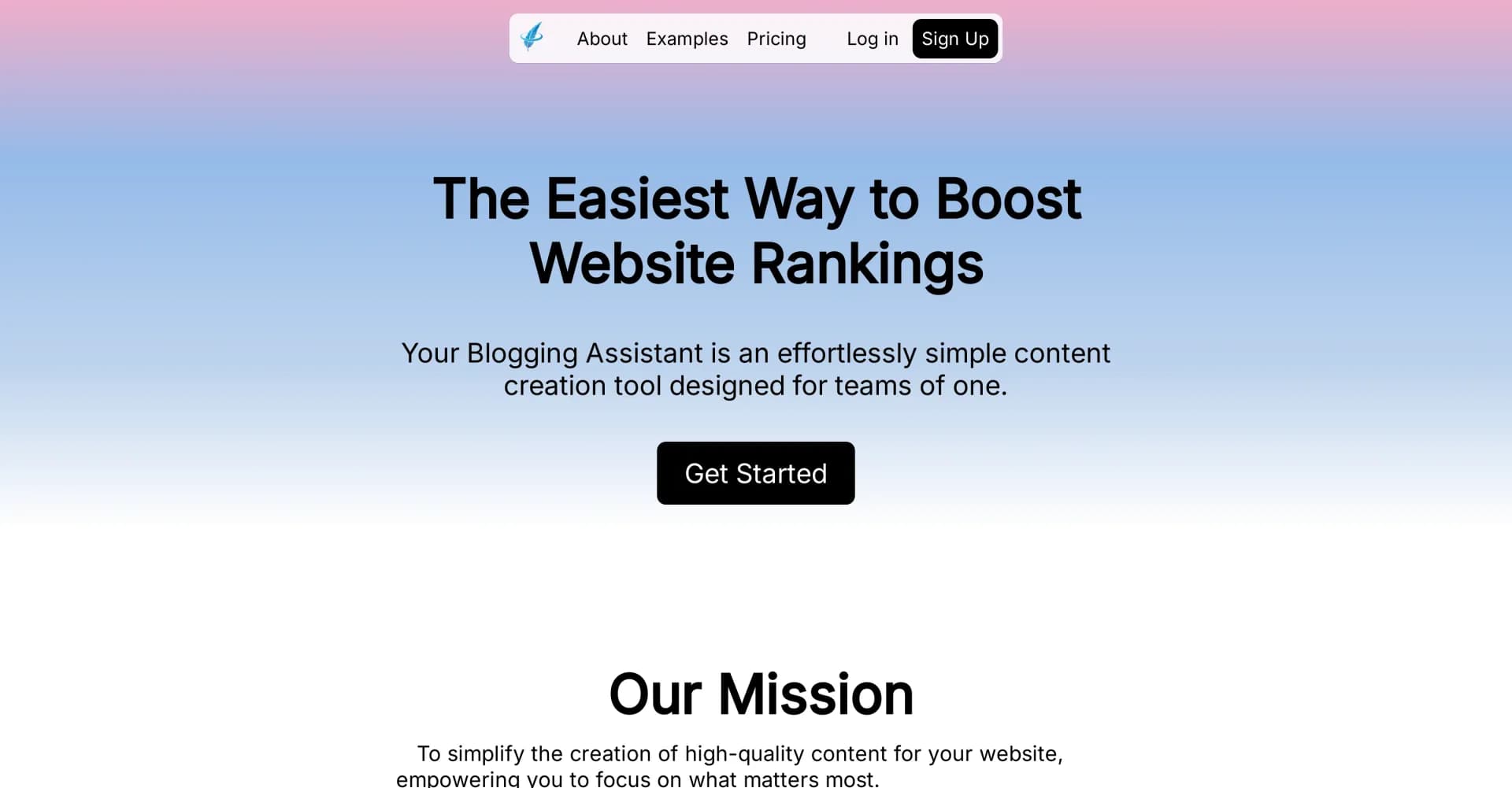 Your Blogging Assistant homepage screenshot — Elevate your website with automated blog content.