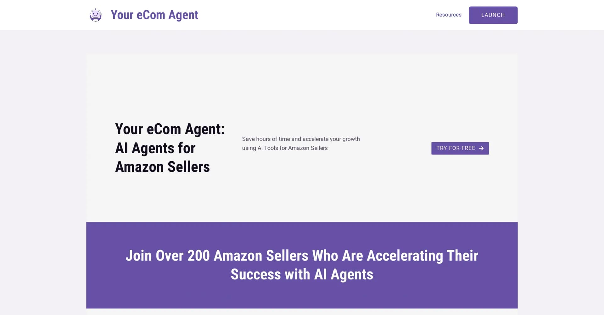 Your eCom Agent homepage screenshot — AI agents that save time and boost Amazon sales