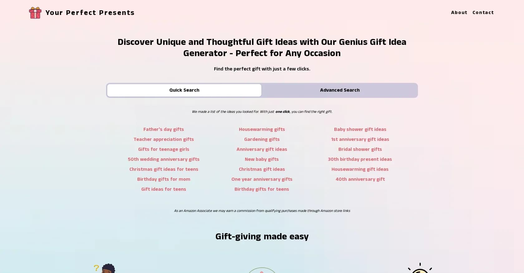 Your perfect presents homepage screenshot — Find genius gift ideas effortlessly