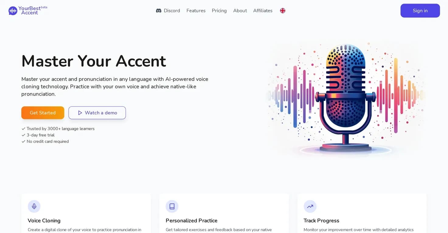 YourBestAccent homepage screenshot — Master your accent with AI voice cloning