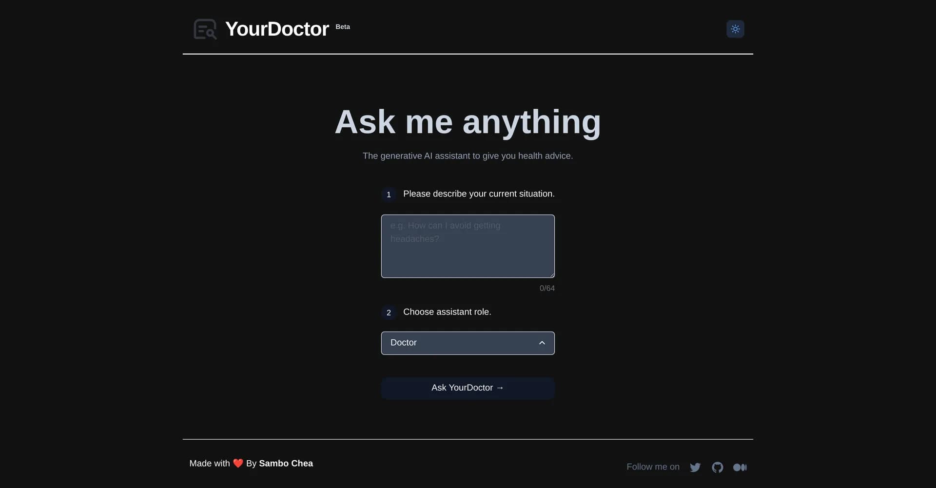 YourDoctor homepage screenshot — AI-powered health advice at your fingertips.