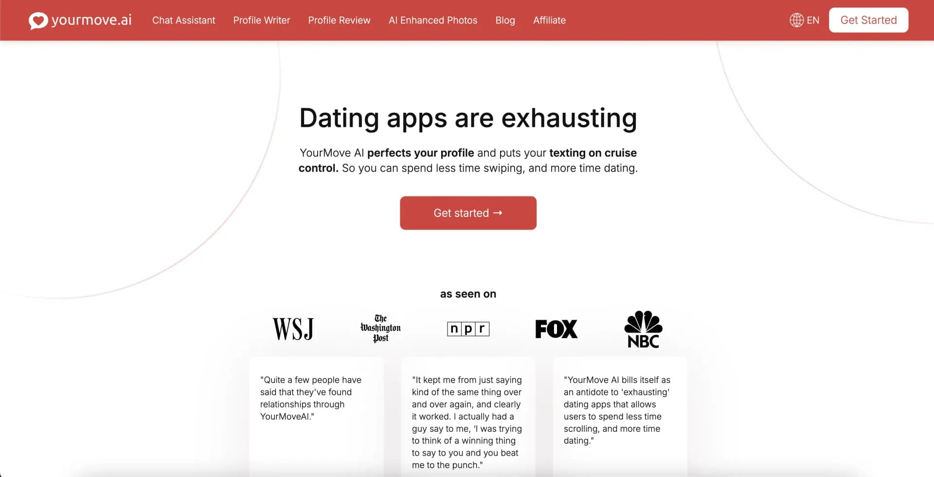 YourMove homepage screenshot — AI texting assistant for better dating outcomes