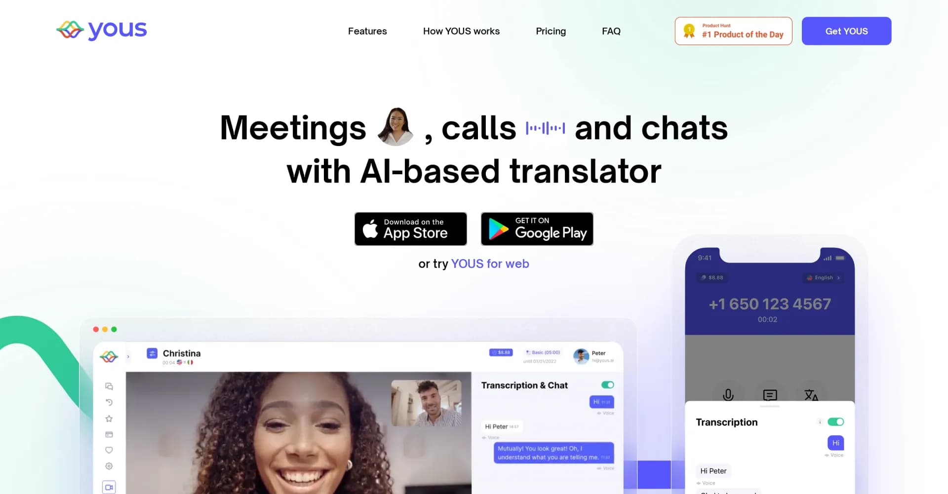 YOUS homepage screenshot — AI-powered translator for calls and messages