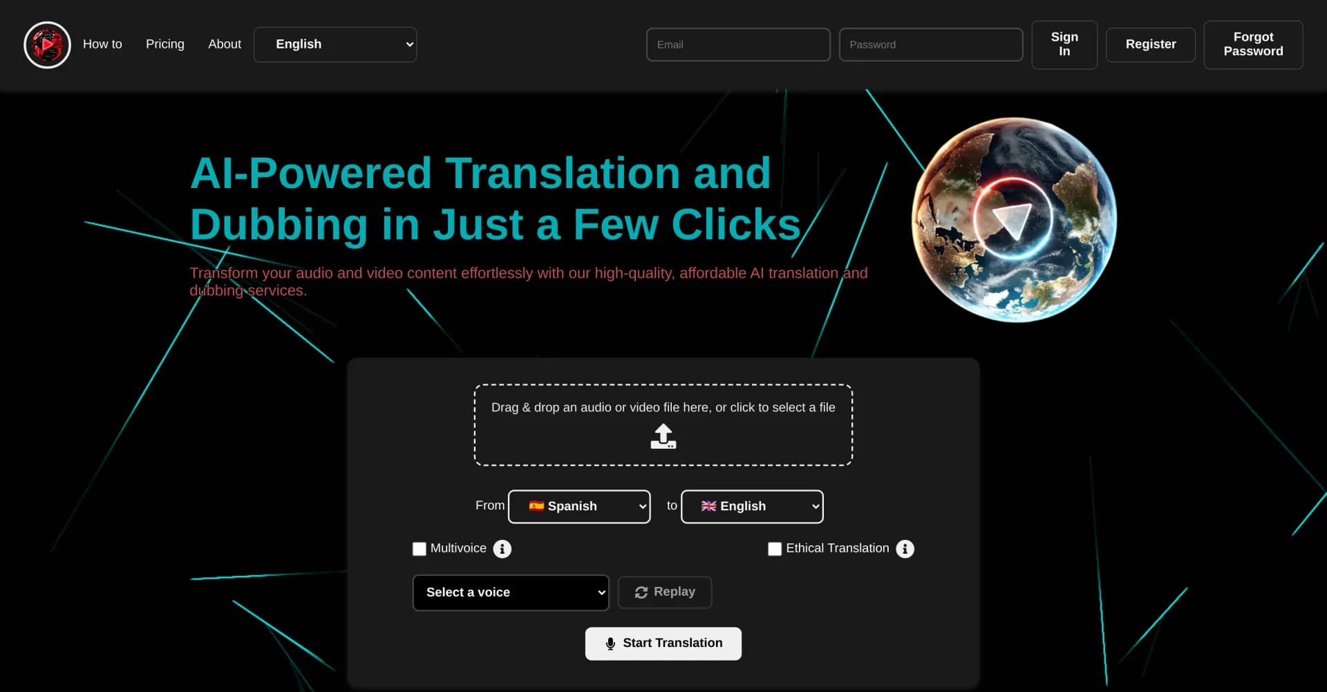 YouTranslate homepage screenshot — Translate and dub videos into 40+ languages
