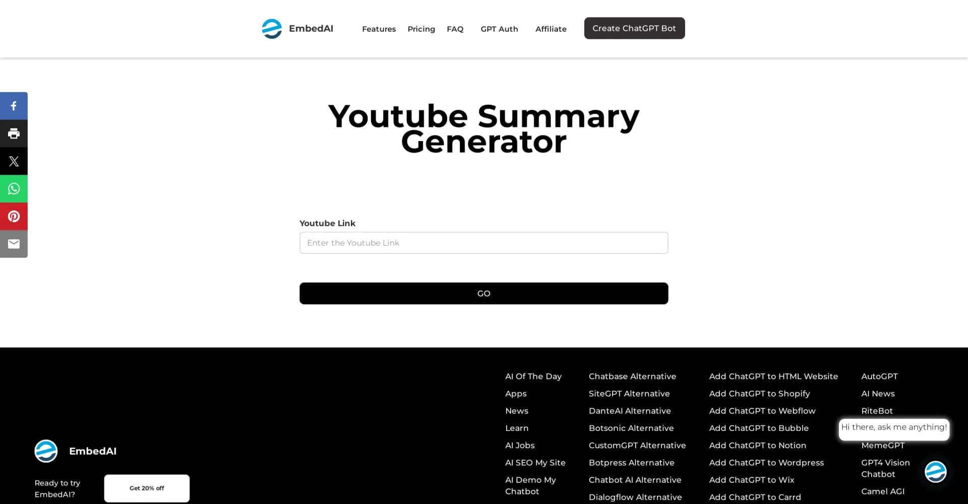 Youtube Summary Generator homepage screenshot — Create AI chatbots powered by ChatGPT