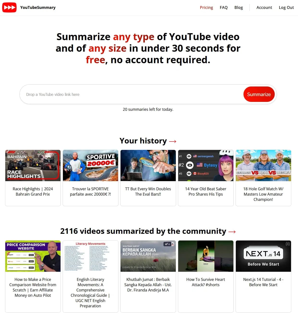 YouTube Summary homepage screenshot — Save time. No need to watch videos from start to finish anym