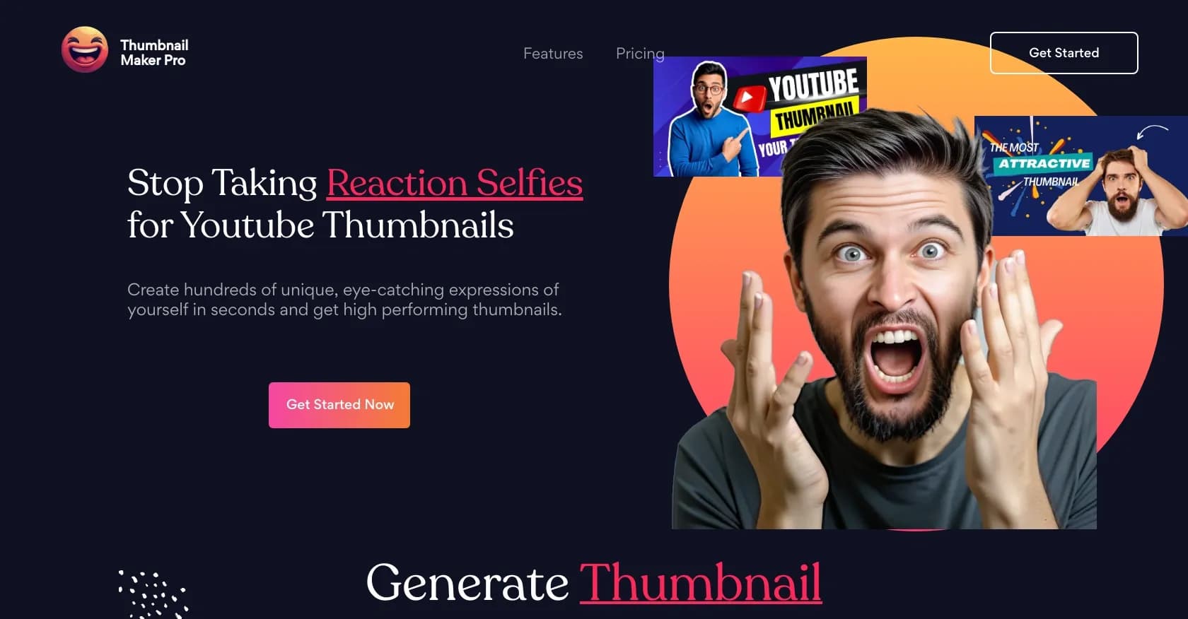 Youtube Thumbnail Maker Pro homepage screenshot — Create eye-catching AI selfies for YouTube thumbnails.