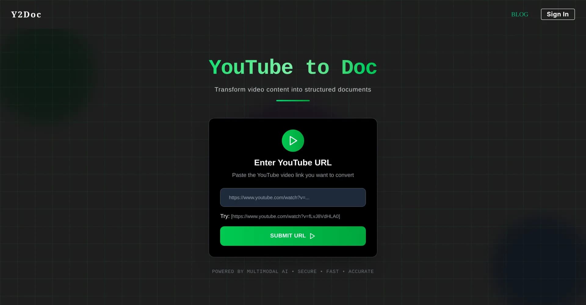 Y2Doc homepage screenshot — Transform YouTube videos into structured docs.