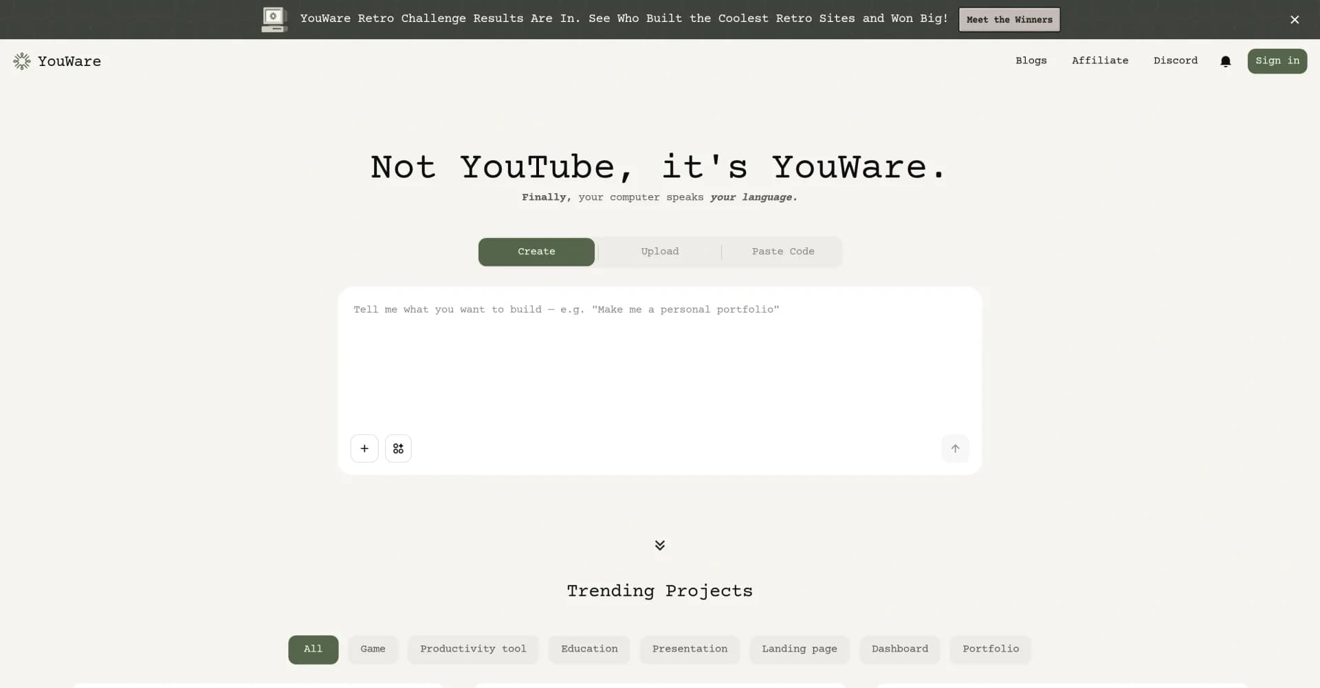 YouWare homepage screenshot — Transform ideas into code instantly with AI