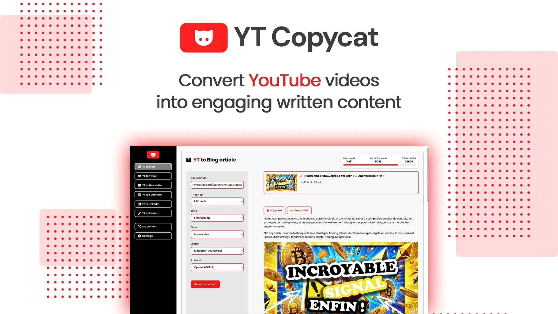 YT Copycat homepage screenshot — YouTube video conversion to multiple formats.