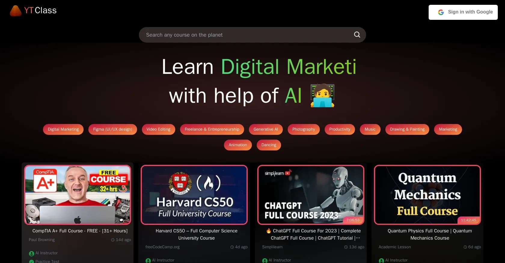 YTClass homepage screenshot — Supercharge learning with AI-powered YouTube courses