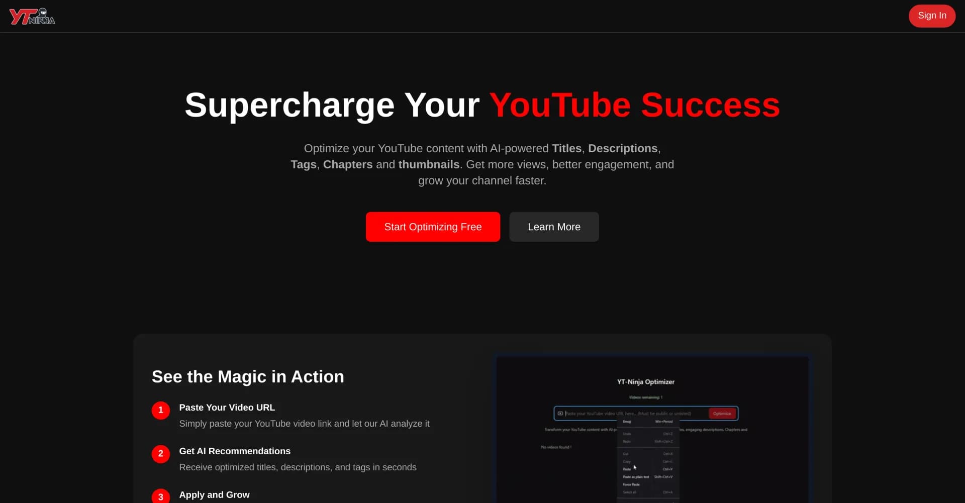 YTNinja homepage screenshot — AI-powered YouTube optimization for explosive growth