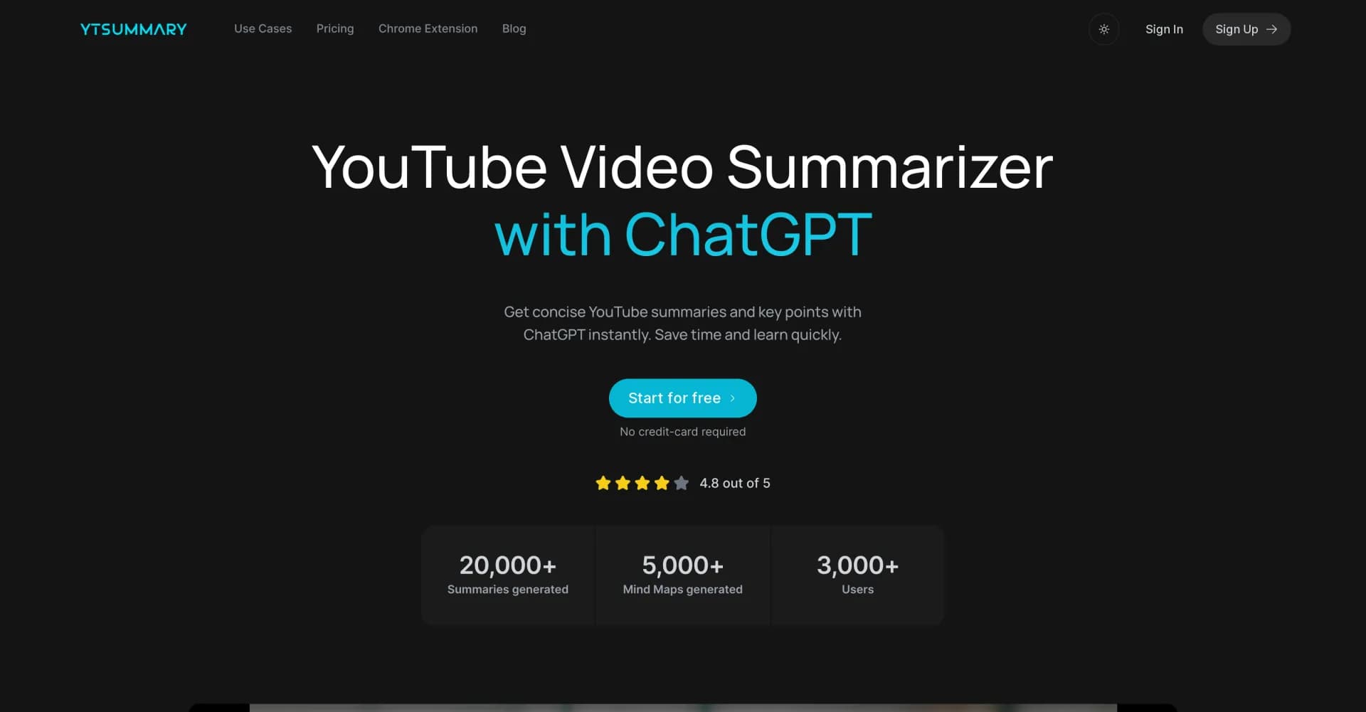 YTSummary homepage screenshot — AI-powered YouTube summaries in seconds.