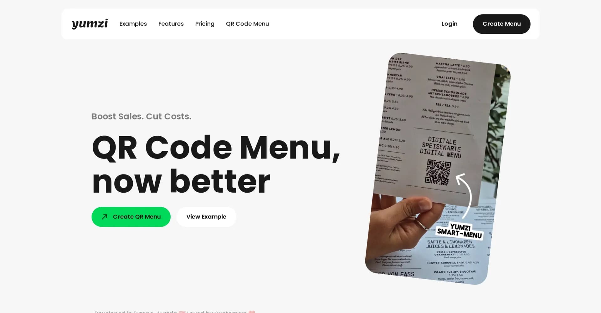 Yumzi - Smart Menus homepage screenshot — Smart menus that boost sales and cut costs.