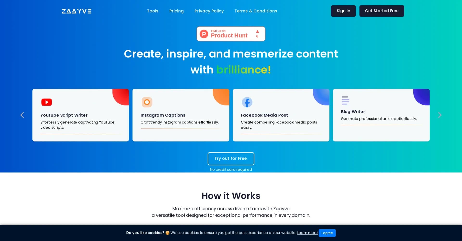 Zaayve homepage screenshot — Craft captivating content with AI brilliance.