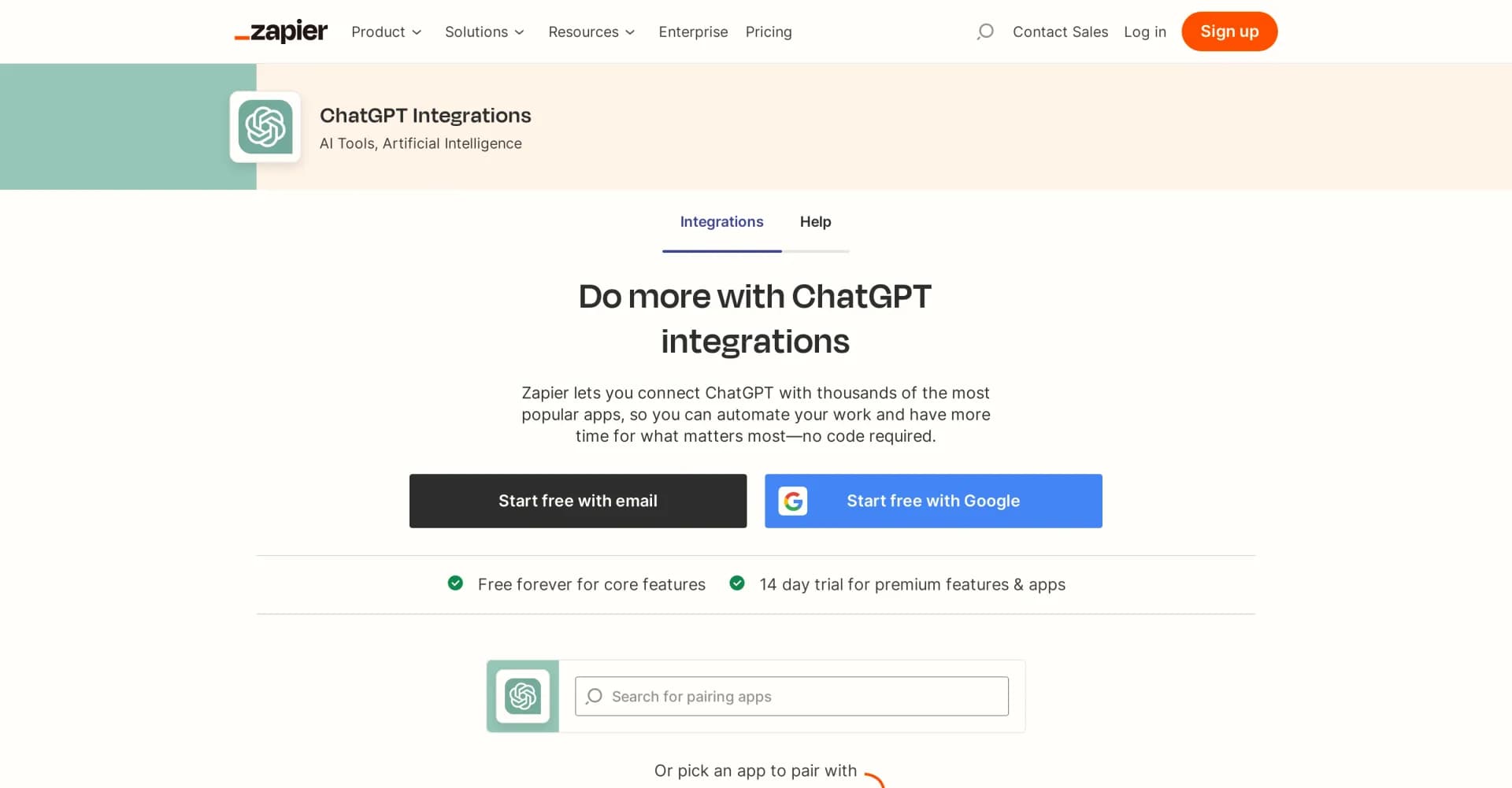 Zapier homepage screenshot — Automate your work with ChatGPT and 6,000+ apps.