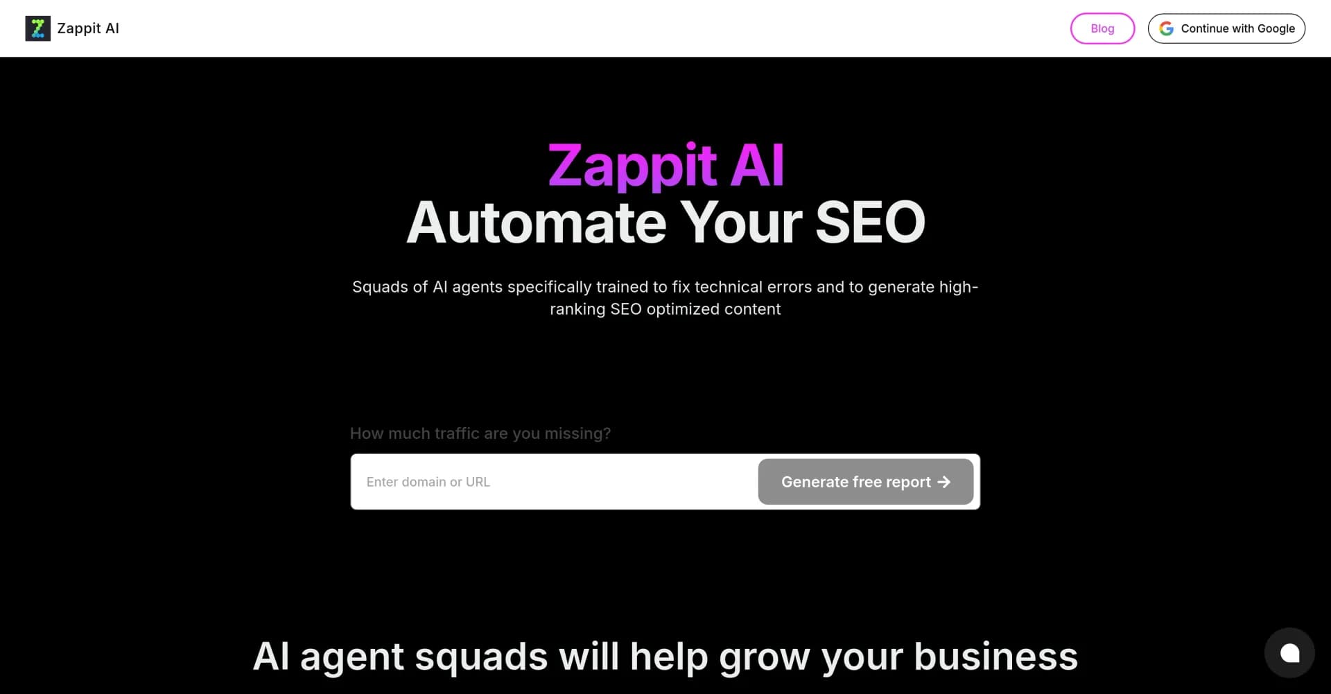 Zappit AI homepage screenshot — AI agents automate SEO for traffic growth