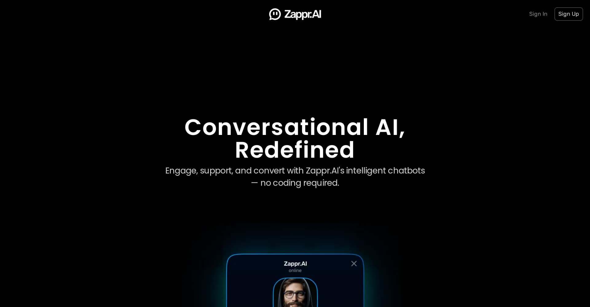 Zappr homepage screenshot — Build custom chatbots for your website, no coding required.