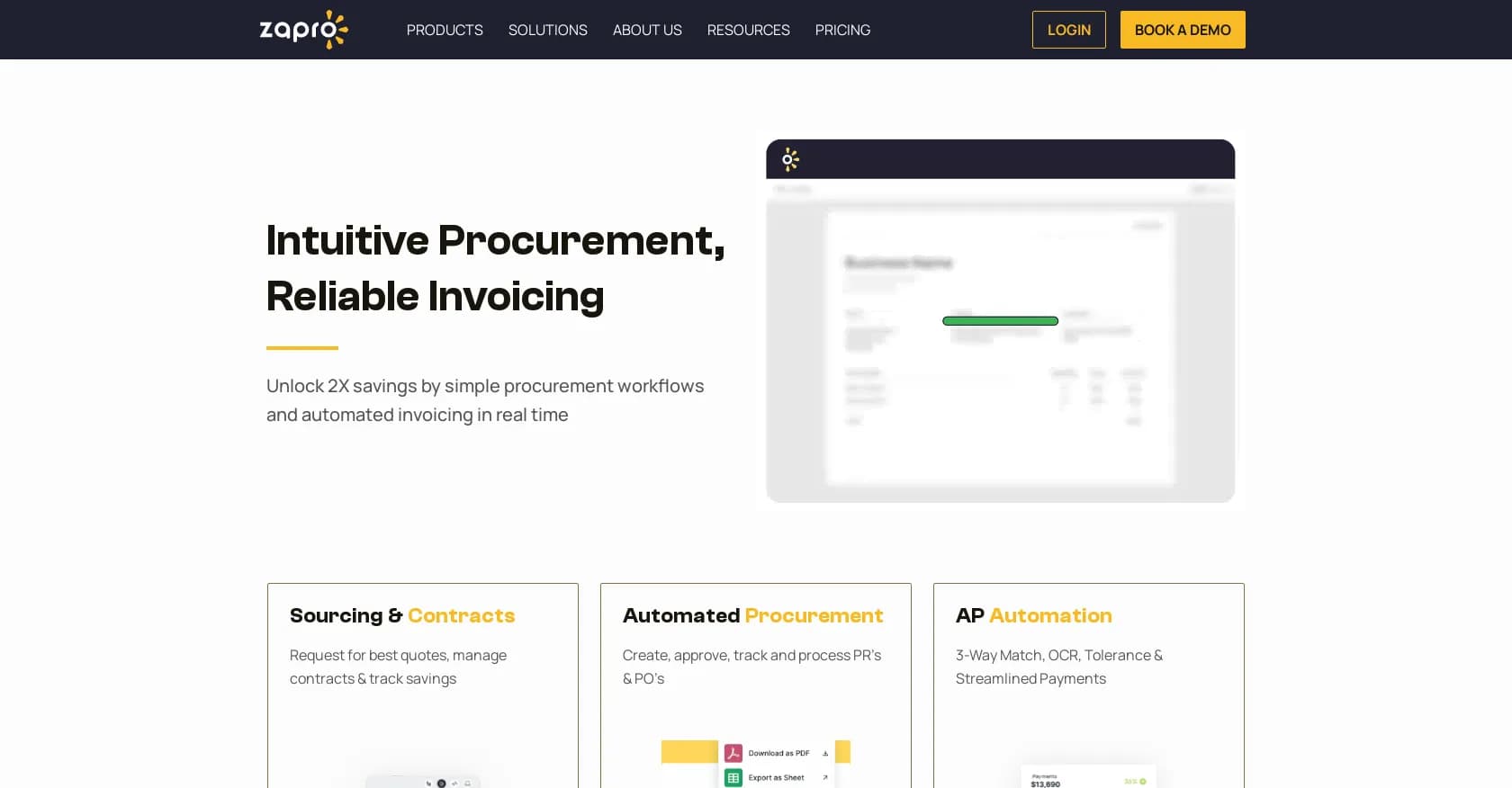 ZAPRO homepage screenshot — Streamline procurement and spend management processes.