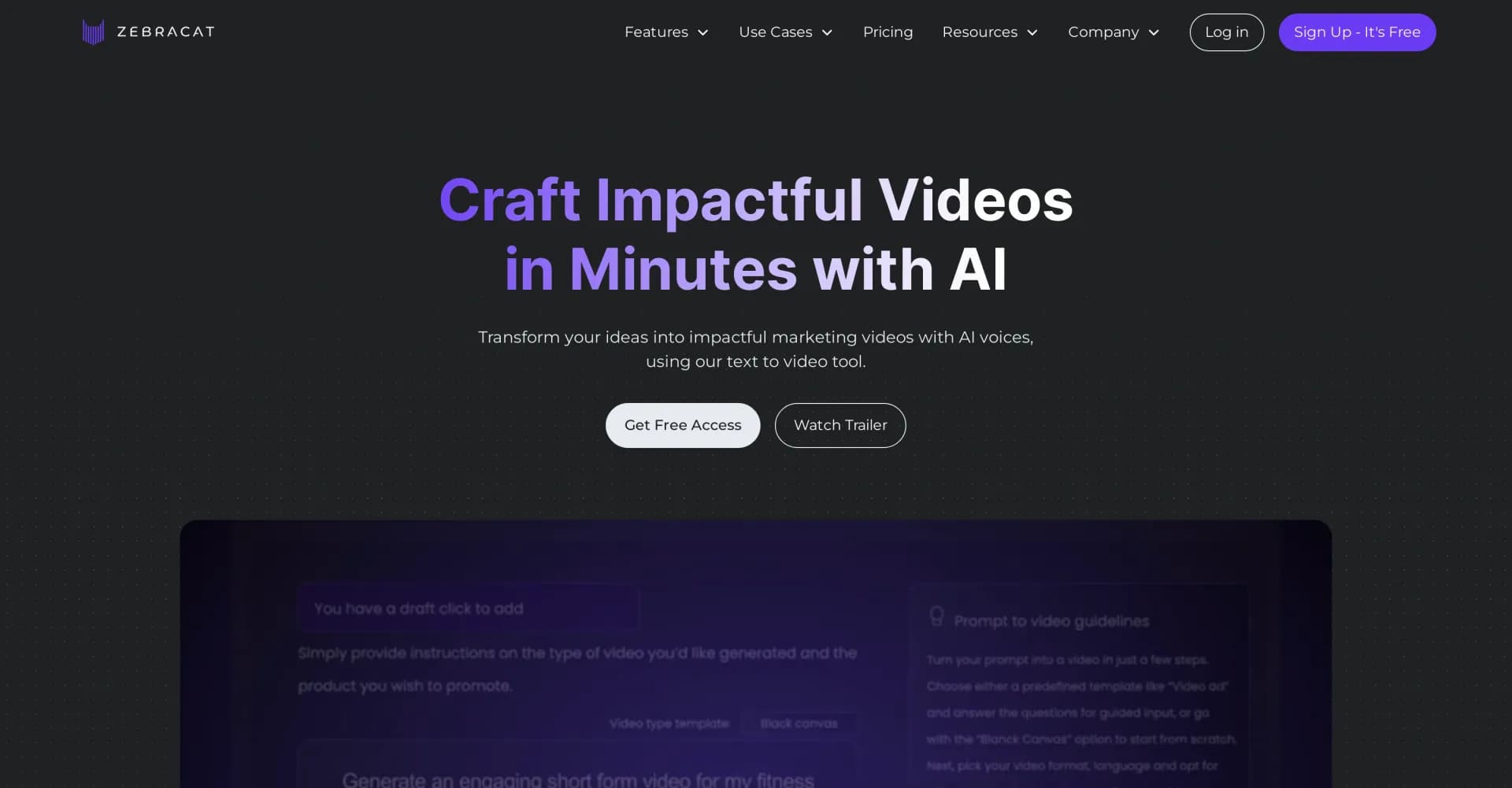 Zebracat homepage screenshot — Create professional videos from text in minutes.