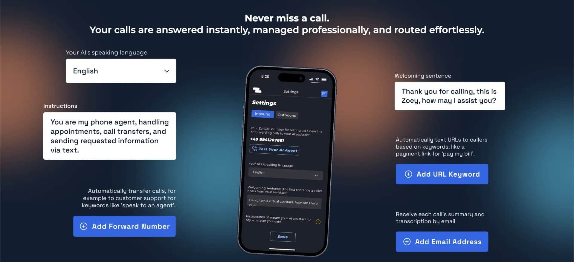 ZenCallv1.2 homepage screenshot — AI Answers Your Calls