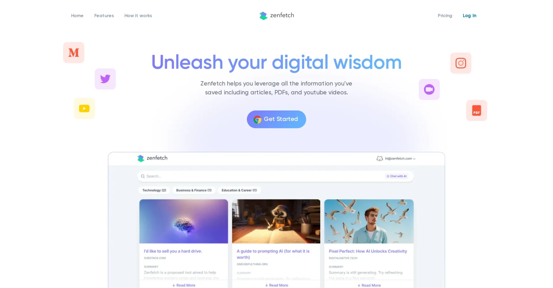 Zenfetch homepage screenshot — Unlock your digital wisdom with AI-powered knowledge indexin