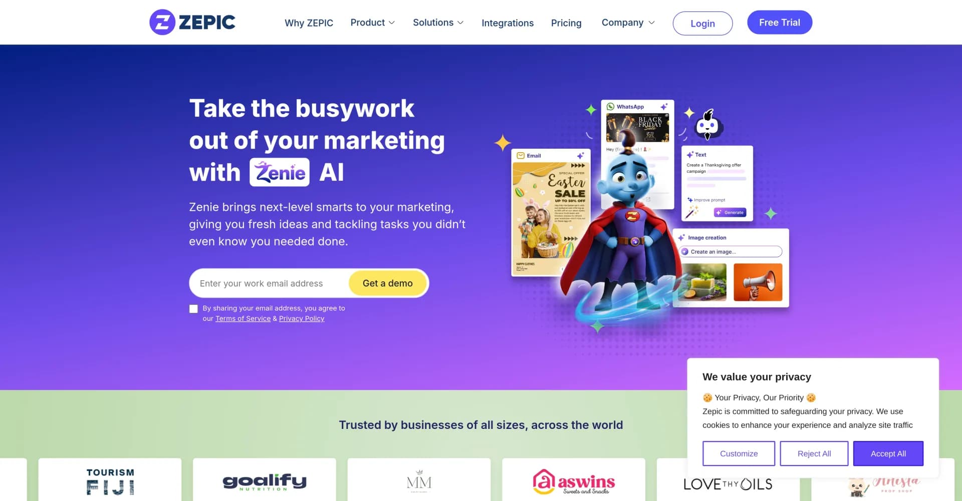 Zenie homepage screenshot — AI-powered marketing automation for smarter campaigns